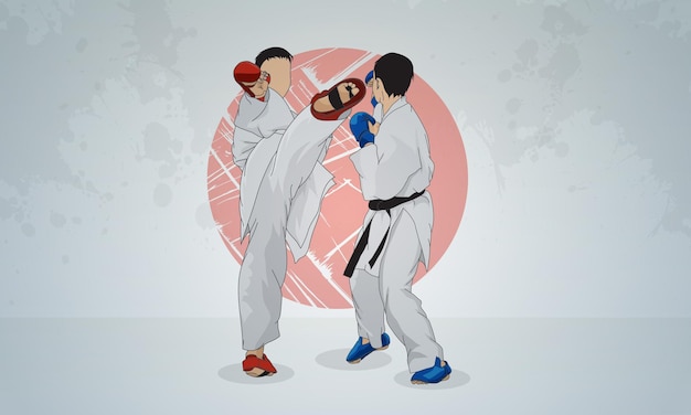 Vector training of two fighters in karate martial arts abstract gray background