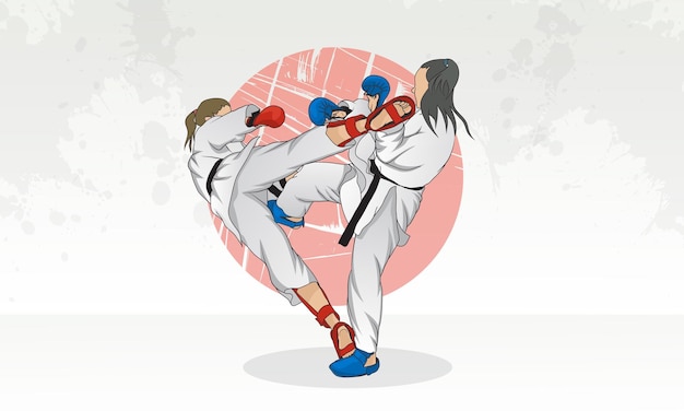 Training van de rivaliteit van twee vrouwen met zwarte riemen in karate Abstract achtergrond