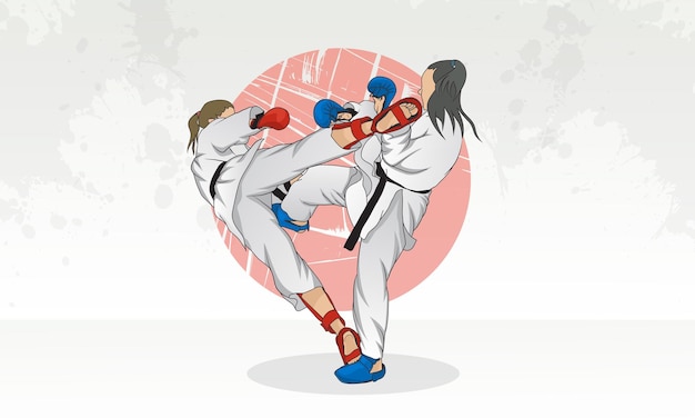 Training van de rivaliteit van twee vrouwen met zwarte riemen in karate abstract achtergrond