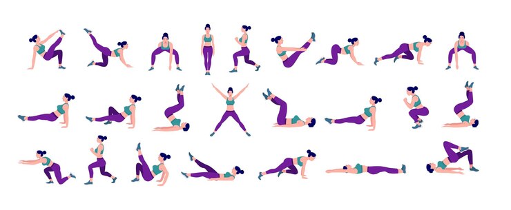 Vector trainingsset voor vrouwen vrouwen die fitness- en yoga-oefeningen doen