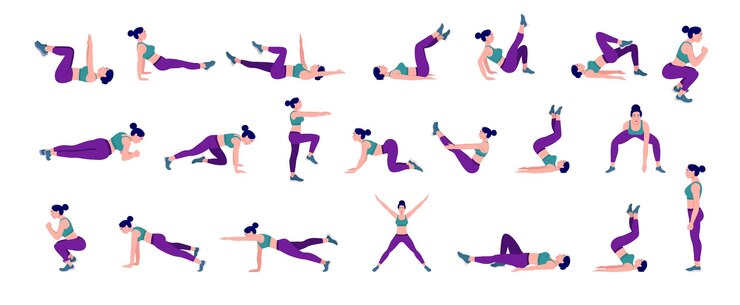 Vector trainingsset voor vrouwen vrouwen die fitness- en yoga-oefeningen doen