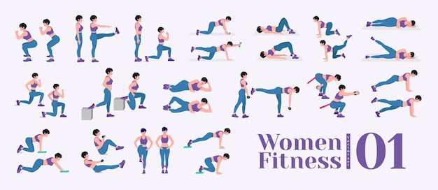 Trainingsset voor vrouwen Vrouwen die fitness- en yoga-oefeningen doen