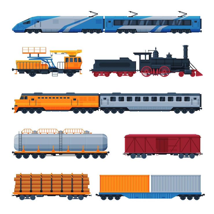 Vector trains collection side view of passenger and cargo wagons railroad transportation flat vector illustration on white background