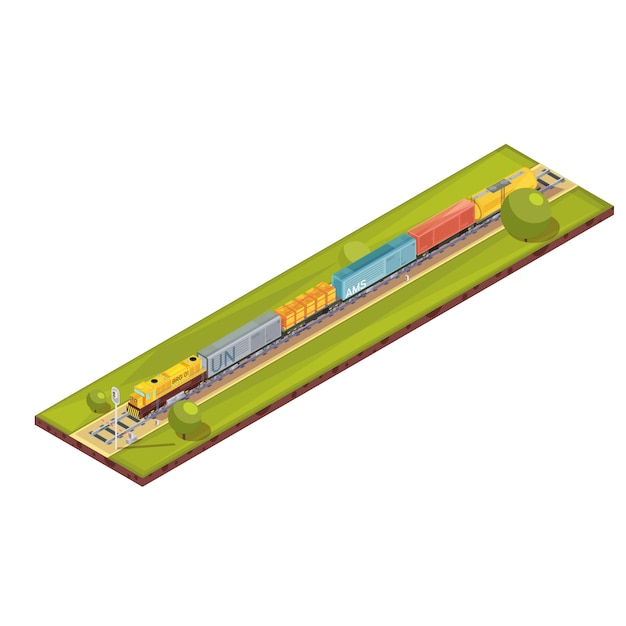 Состав поездов с изображением изометрической железнодорожной перевозки с грузовым поездом набор автомобилей и деревьев векторная иллюстрация
