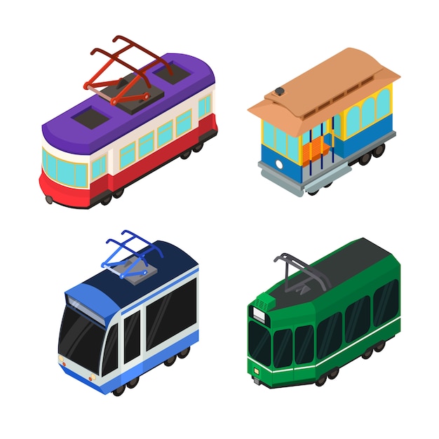 Tram car icons set