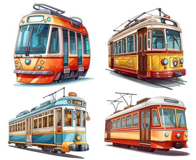 tram Cartoon set isolated on a white Background