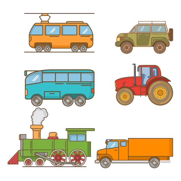 路面電車、農業用トラクター、乗客観光バス、配達用トラック、蒸気機関車鉄道、オフロードトラックの車の旅。市の公共交通機関。