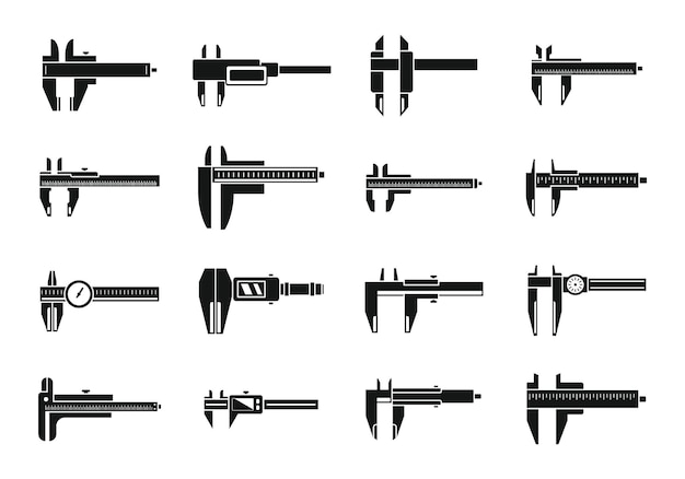 Trammel calipers icons set simple vector. Calibrated calipers. Construction control device