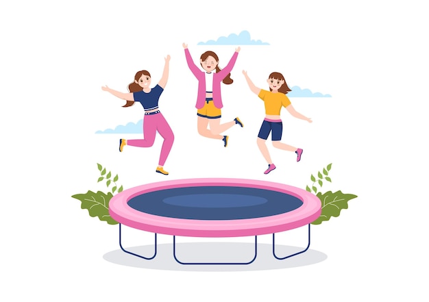 Вектор Иллюстрация батута с молодежью, прыгающей на батуте в рисованной летней активности на свежем воздухе