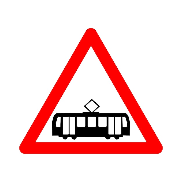 Tramway crossing sign Warning sign crossing with tram tracks Red triangle Caution tram Road sign