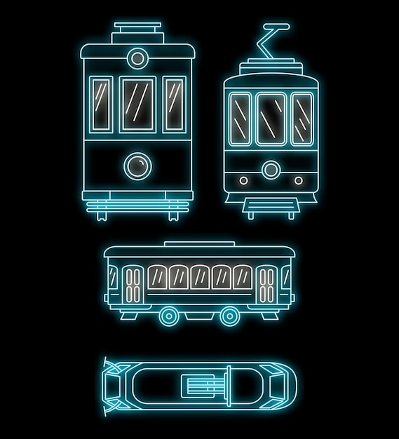 Tramway icon set Outline set van tramway vector iconen neon kleur op zwart