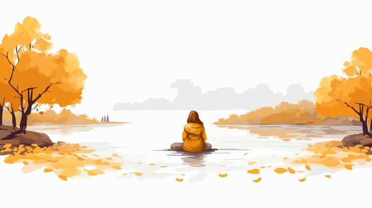 Vector tranquil autumn vibes young woman relaxing by lake holding yellow leaves