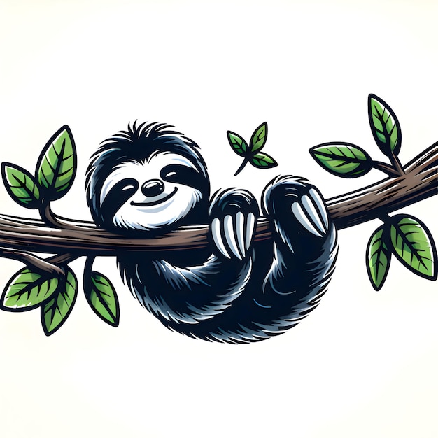 Tranquil black and white cartoon sloth hanging on tree branch in forest setting