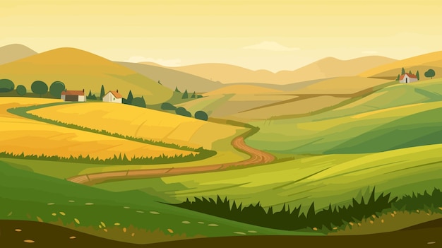 Vettore tranquillo paesaggio di campagna con dolci colline illustrazione