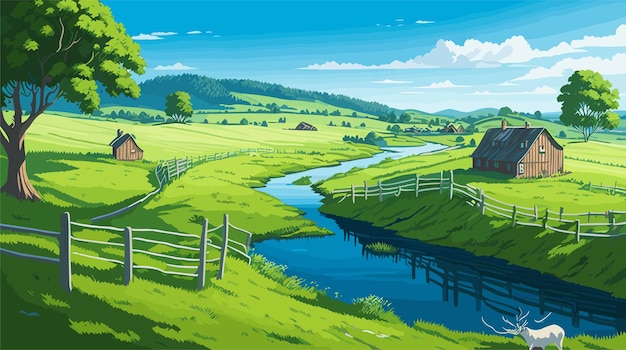 ベクトル 緑の丘、曲がりくねった川と農場生活のある静かな田園地帯