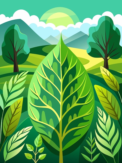 Vector tranquil leafstrewn forest scene with a distant mountain range bathed in warm sunlight