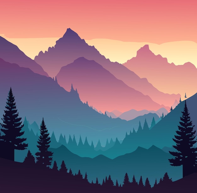 Vector tranquil misty mountain range at dawn