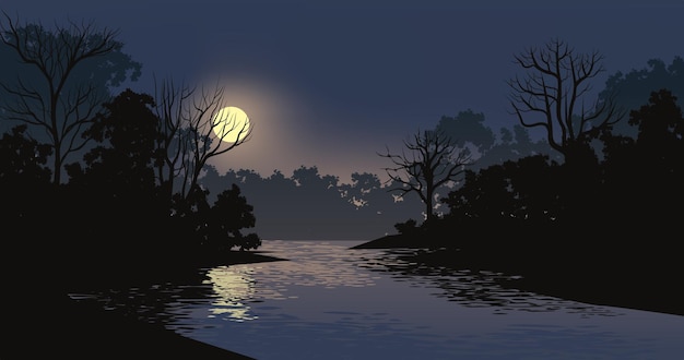 Vector tranquil night over forest river with moonrise