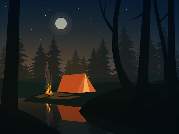 Tranquil night in forest with river and camp