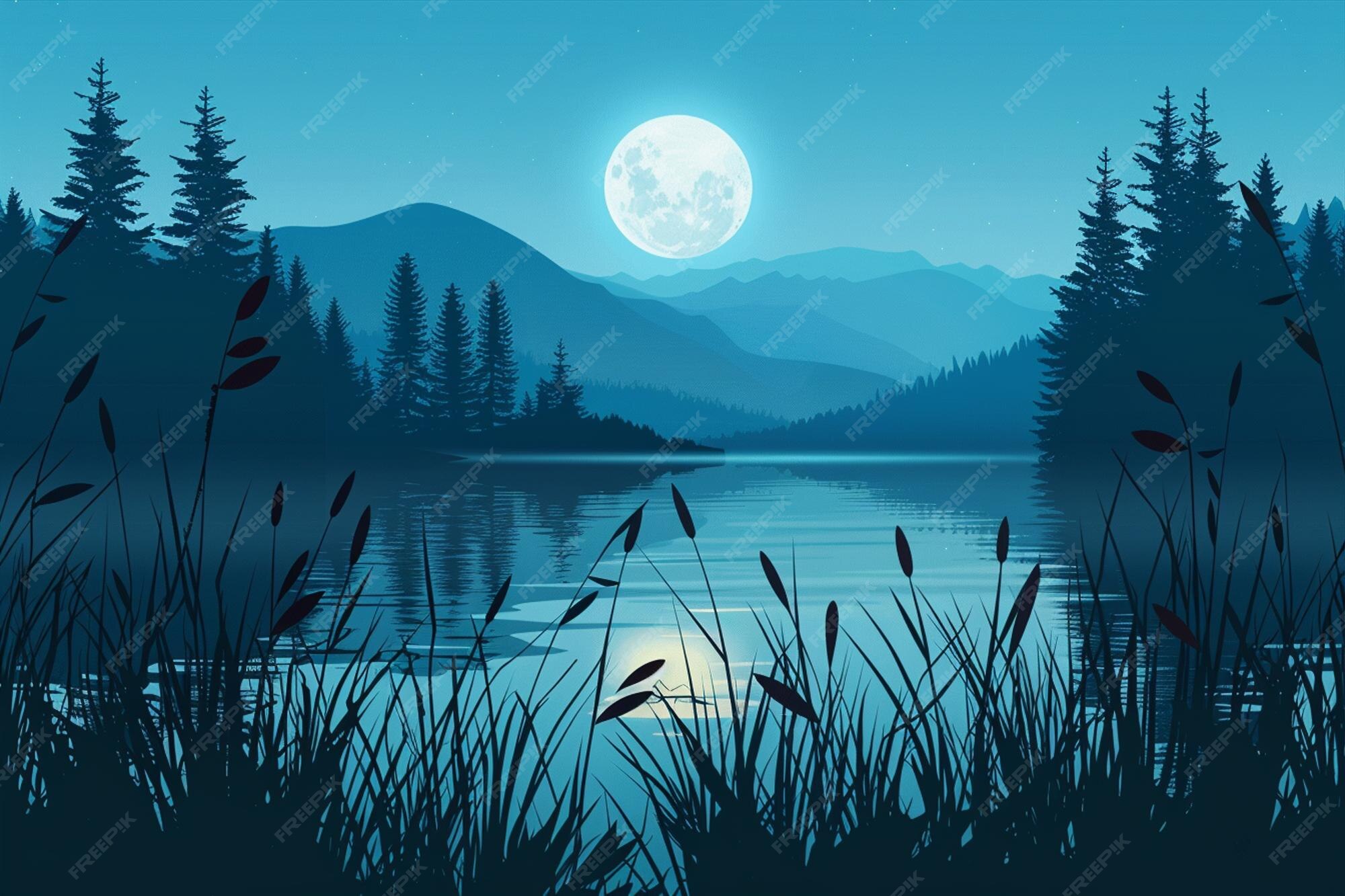 Tranquil Nighttime Landscape Full Moon | Premium AI-generated vector 