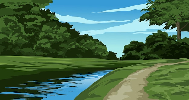 静かな川と森の風景。ベクトル自然風景