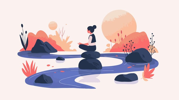 Vector tranquil setting with stone cairn in forest