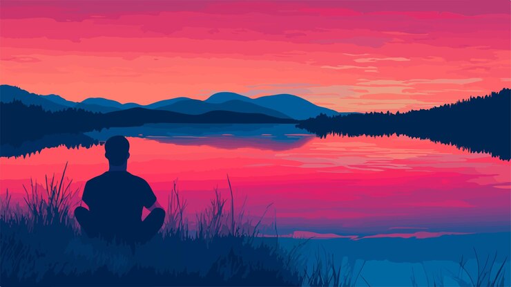 Vector tranquil silhouette man sitting zen meditation yoga concept illustration