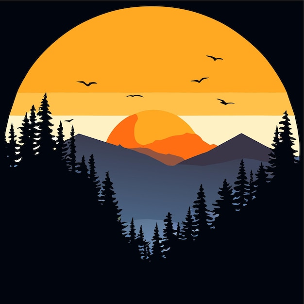 Tranquil summer sunset over a mountain silhouette vector illustration