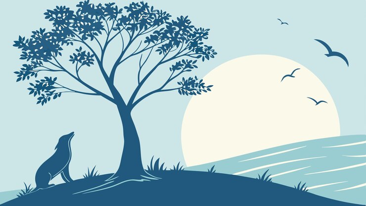 Vector tranquil sunset landscape wolf tree