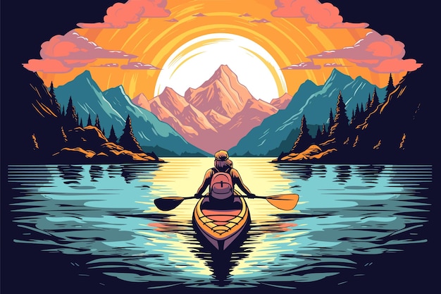 Tranquil sunset over mountains and lake reflecting beauty of nature and transportation young woman kayaking in crystal lake illustration for printing wallpaper design and wall ar