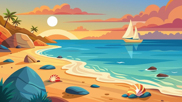 Tranquil Sunset Seascape Vector Illustration of Beach side Serenity