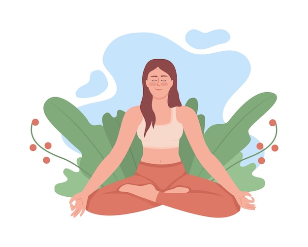 Спокойная женщина медитирует на открытом воздухе 2D векторная изолированная иллюстрация