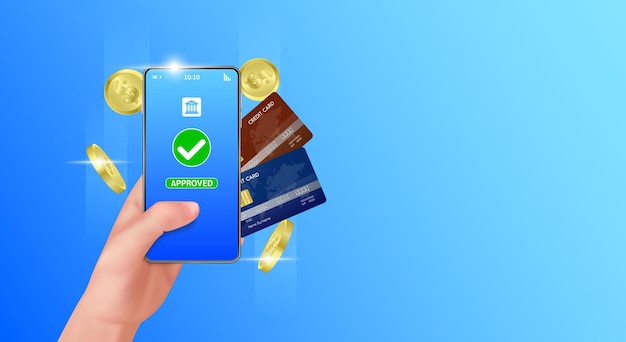 Vector transaction approved hand holding smartphone with online payment app credit card and coin