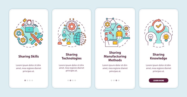 transfer methods onboarding mobile app page screen. sharing skills and technologies walkthrough 4 steps graphic instructions with concepts. ui, ux, gui vector template with linear color illustrations