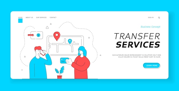 転送サービスのランディングページのバナーテンプレート。男性がオペレーターと話し、街を旅するためにタクシーを注文している間、スマートフォンで地図を閲覧している女性