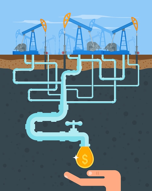 Transform oil to money concept. get cash from pipe. fuel pumps. illustration in flat style. gasoline and gas industry