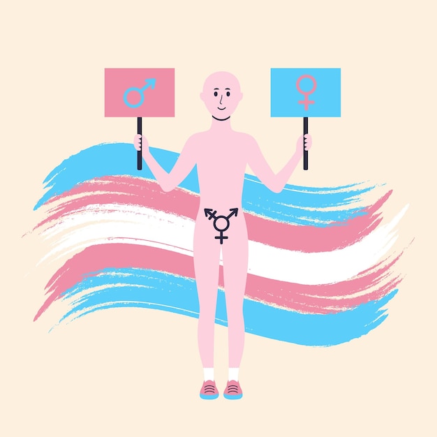 Vector transgender persoon met posters met mannelijke en vrouwelijke symbolen tegen zwaaiende transgender vlag