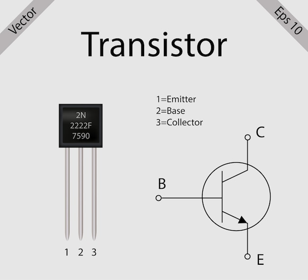 Электронный компонент транзистора с векторной иллюстрацией символьной диаграммы.