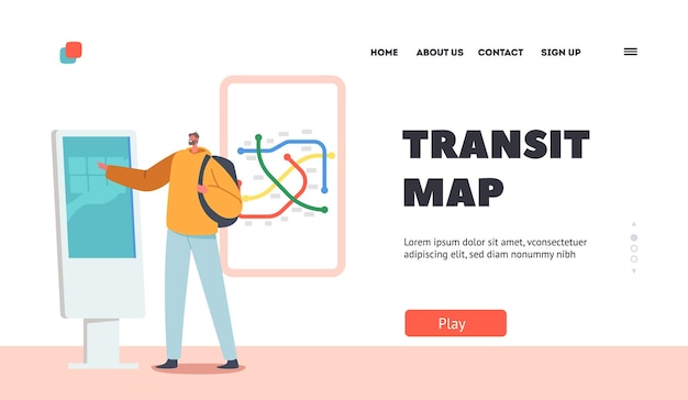 Transit kaart bestemmingspagina sjabloon mannelijke karakter met behulp van info kiosk in metro lees informatie over digitale interactieve apparaat scherm met ondergrondse gebied plan self service cartoon vectorillustratie