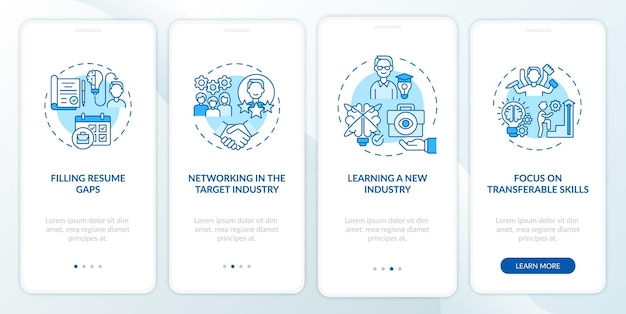 Transition job pros onboarding mobile app page screen with concepts. Career change benefits walkthrough 4 steps graphic instructions.