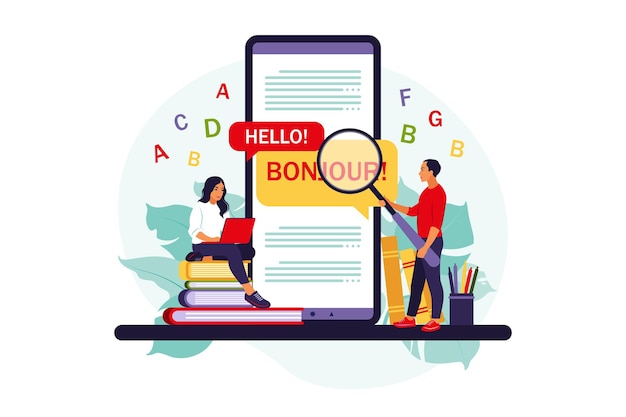 携帯電話でアプリを翻訳します。外国語のオンライン翻訳サービスを利用している人。