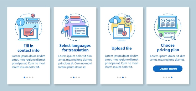 Translation service onboarding mobile app page screen with linear concepts. Upload file, pricing plan, contact info walkthrough steps graphic instructions. UX, UI, GUI vector template with icons