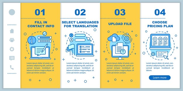 Translation service onboarding mobile web pages vector template upload file responsive smartphone website interface idea with linear illustrations webpage walkthrough step screens color concept
