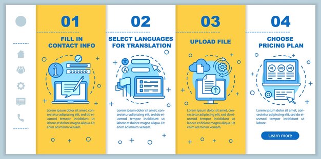 Vettore servizio di traduzione onboarding modello vettoriale di pagine web mobili carica file idea di interfaccia sito web per smartphone reattiva con illustrazioni lineari schermate passo passo passo passo pagina web concetto colore