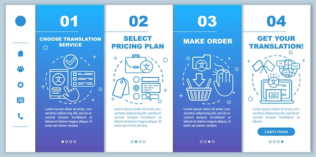 Processo di traduzione onboarding modello vettoriale di pagine web mobili idea reattiva dell'interfaccia del sito web per smartphone con illustrazioni lineari schermate dettagliate della pagina web concetto di colore