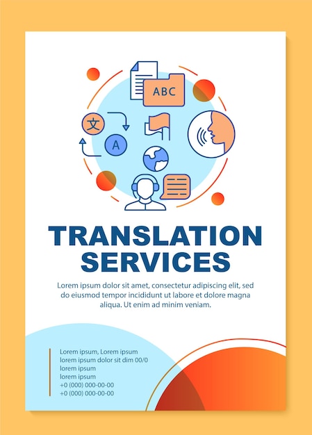 Layout del modello di brochure dei servizi di traduzione. traduttrice di lingue straniere. volantino, opuscolo, stampa di volantini con illustrazioni lineari. layout di pagina vettoriale per riviste, manifesti pubblicitari