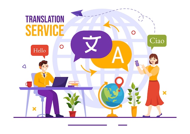Vettore illustrazione del servizio di traduttore con traduzione linguistica diversi paesi e multilingue