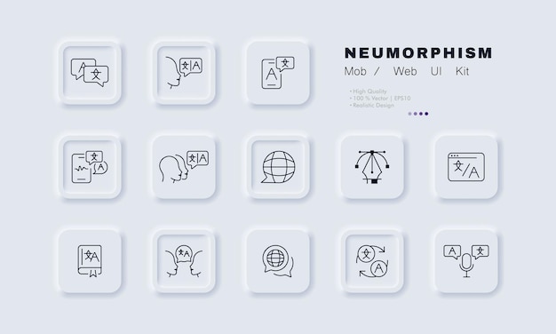 翻訳者サービスセットアイコンアプリのウェブサイト外国語電話の人々音声入力惑星世界的な本ブックマークマイク技術コンセプト新形態主義ビジネスのためのベクトル線アイコン