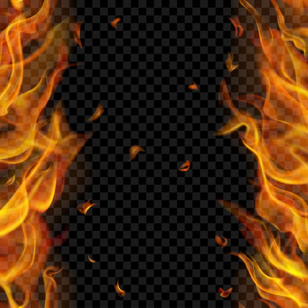 Полупрозрачное пламя огня с вертикальными бесшовными повторами с двух сторон, слева и справа, на прозрачном фоне.