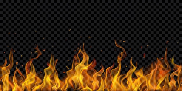 Vector translucent fire flames and sparks with horizontal repetition on transparent background. for used on dark illustrations. transparency only in vector format